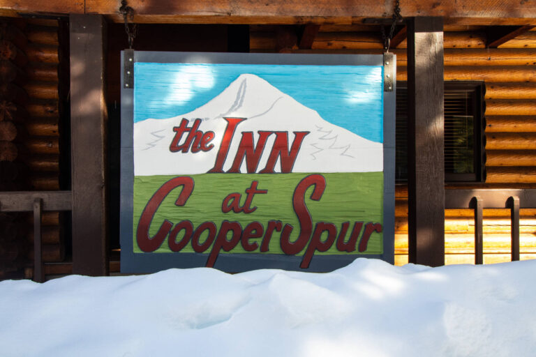 Cooper Spur Lodge Sign in Winter